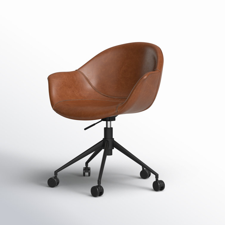 Transitional Ember Swivel Task Chair in Light Brown Leather and Black Wood