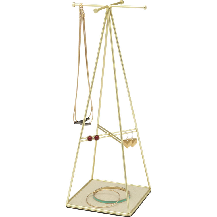 Matte Brass Steel Pyramid Jewelry Stand with Linen Base