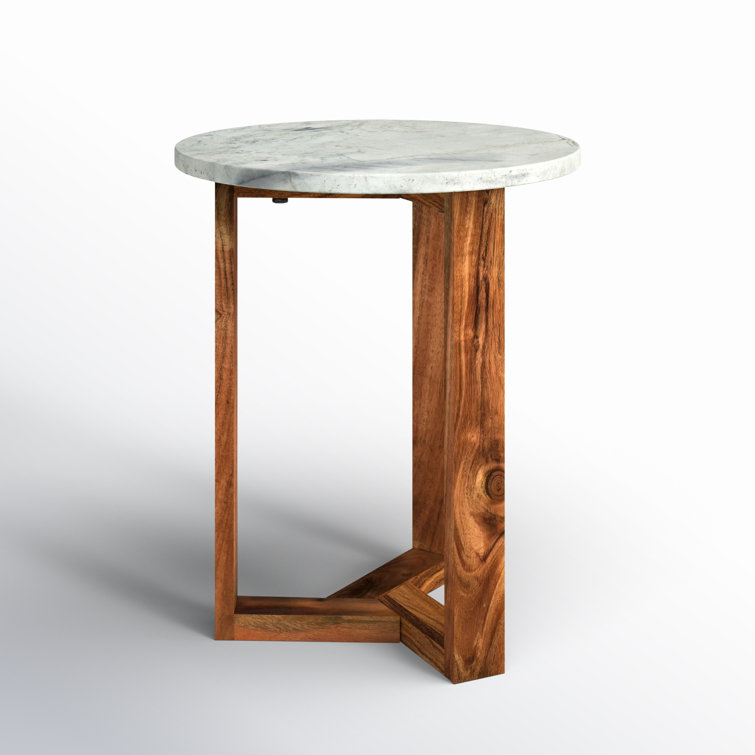 Round Marble and Acacia Wood Side Table