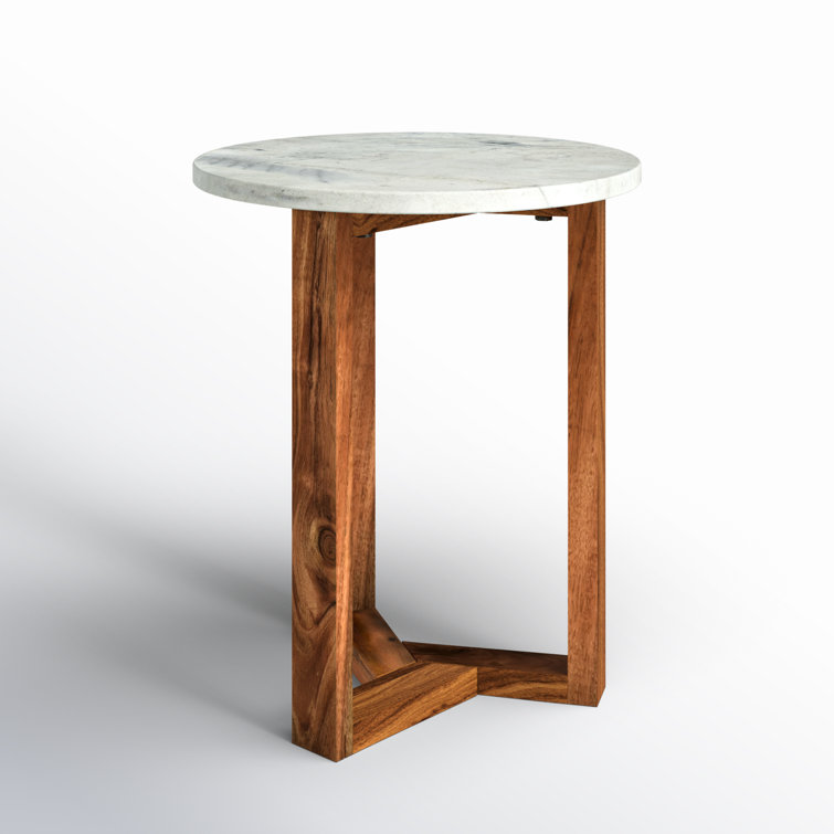Round Marble and Acacia Wood Side Table