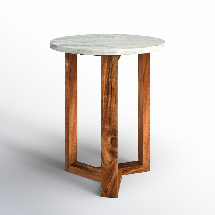 Round Marble and Acacia Wood Side Table