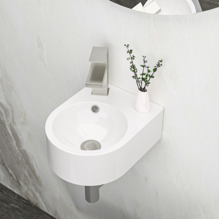 White Ceramic Rectangular Wall-Mount Bathroom Sink with Single Faucet Hole