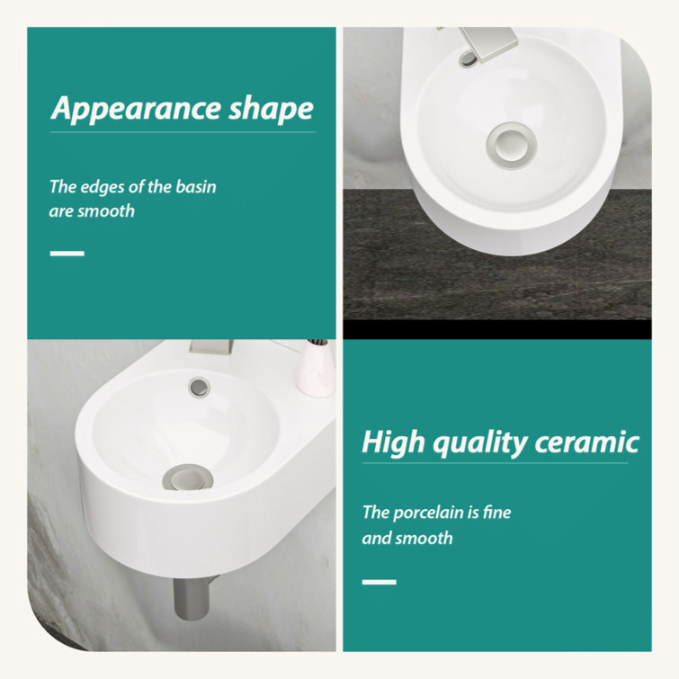 White Ceramic Rectangular Wall-Mount Bathroom Sink with Single Faucet Hole