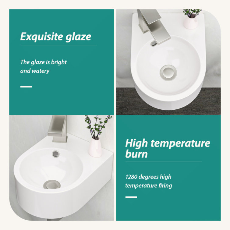 White Ceramic Rectangular Wall-Mount Bathroom Sink with Single Faucet Hole