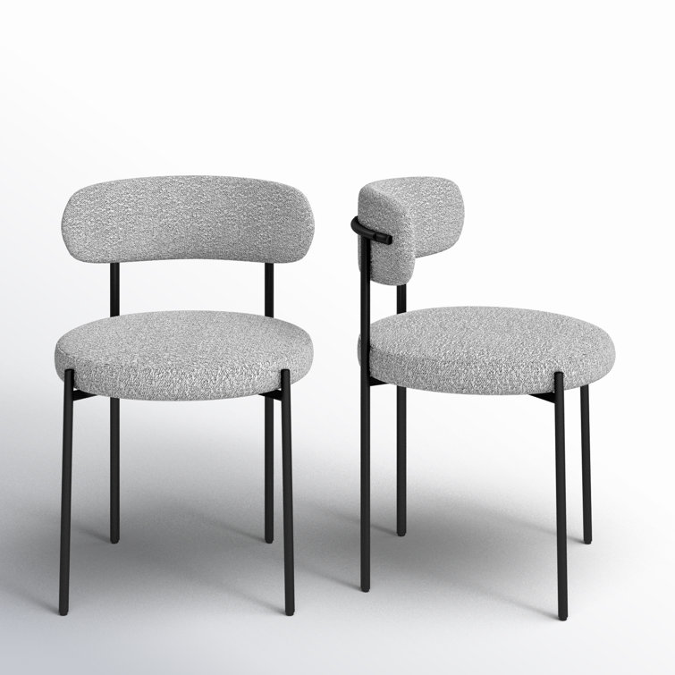 Gray Boucle Upholstered Side Chair with Matte Black Metal Legs, Set of 2
