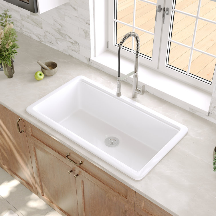 White Fireclay Farmhouse Drop-In Kitchen Sink with Accessories