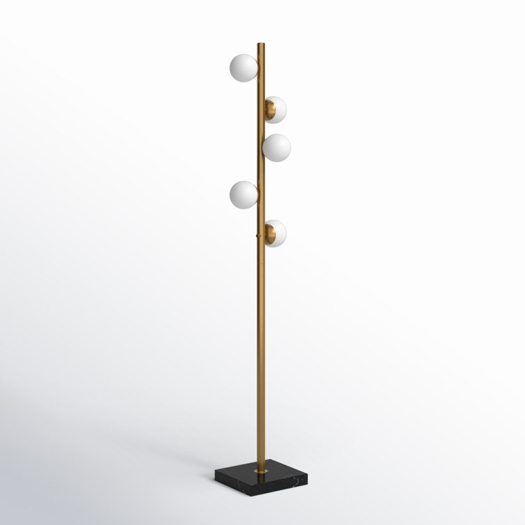 Mid-Century Antique Brass LED Tree Floor Lamp with White Opal Shades