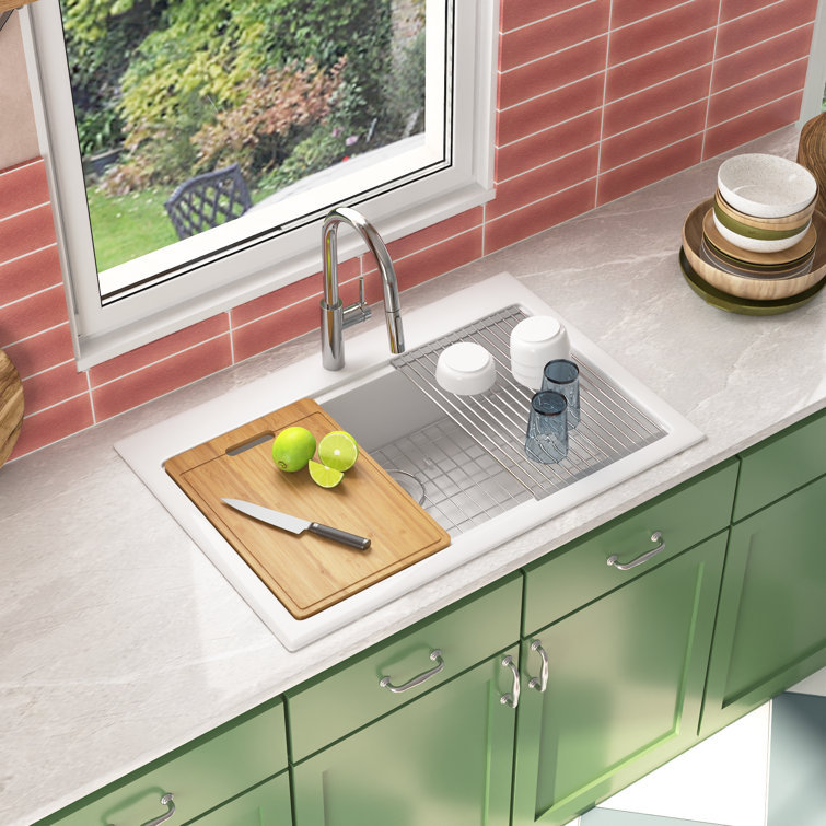 White Fireclay Single Bowl Drop-In Workstation Sink