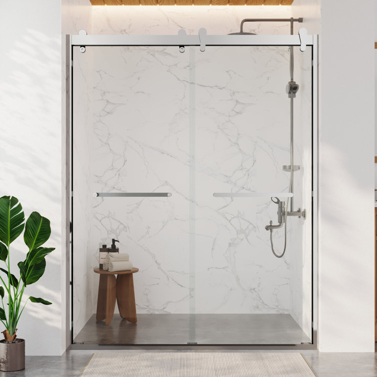 Silver Double Sliding Semi-Frameless Shower Door with Clear Glass