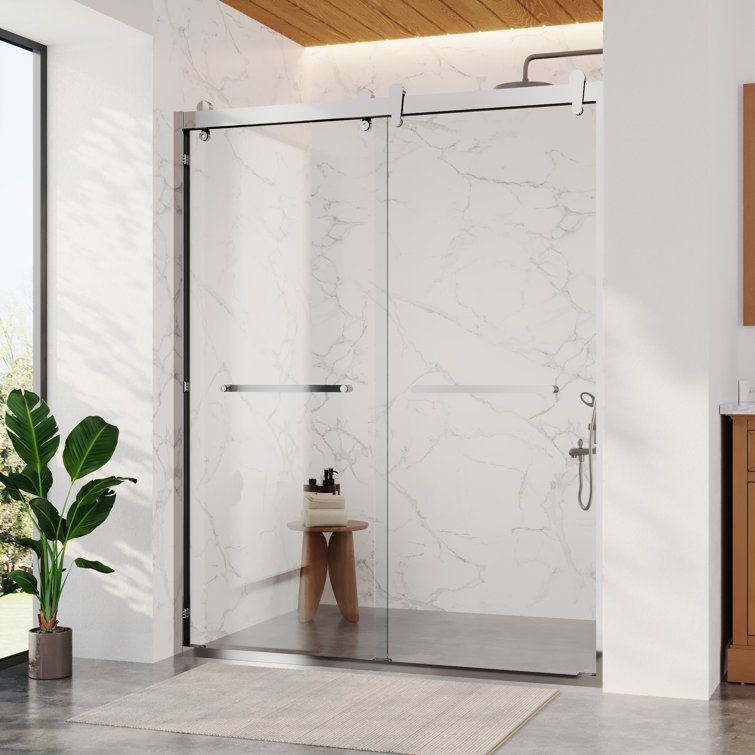 Silver Double Sliding Semi-Frameless Shower Door with Clear Glass
