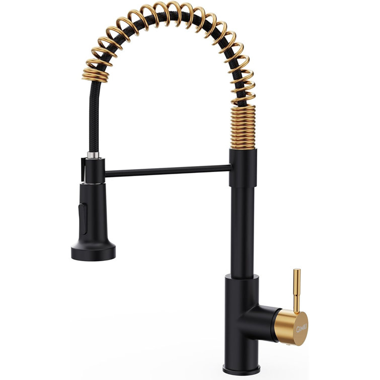 Matte Black and Gold Kitchen Faucet with Pull Down Sprayer