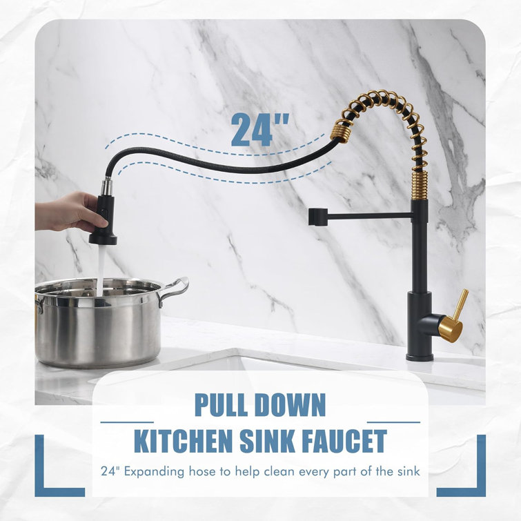 Matte Black and Gold Kitchen Faucet with Pull Down Sprayer