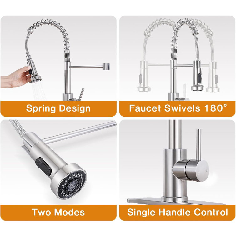 Brushed Nickel Single Handle Spring Kitchen Faucet with Pull Down Sprayer