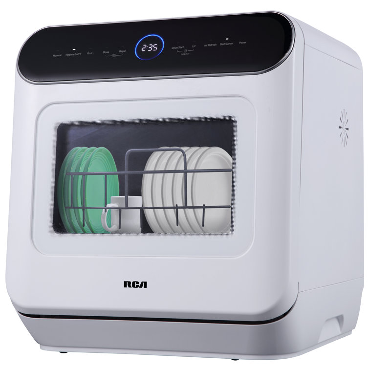 RCA White Compact Countertop Dishwasher with Built-In Water Tank