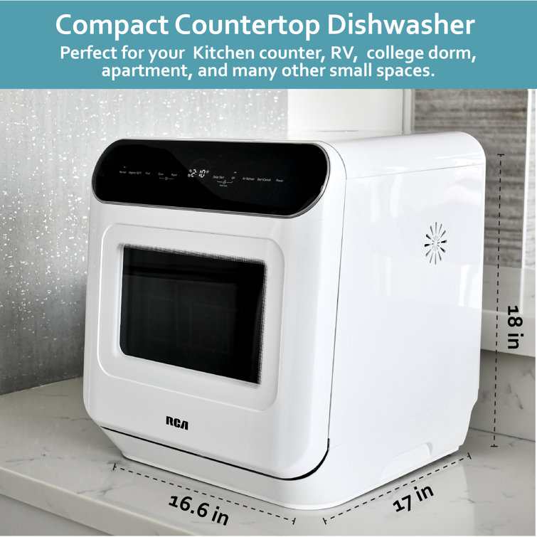 RCA White Compact Countertop Dishwasher with Built-In Water Tank