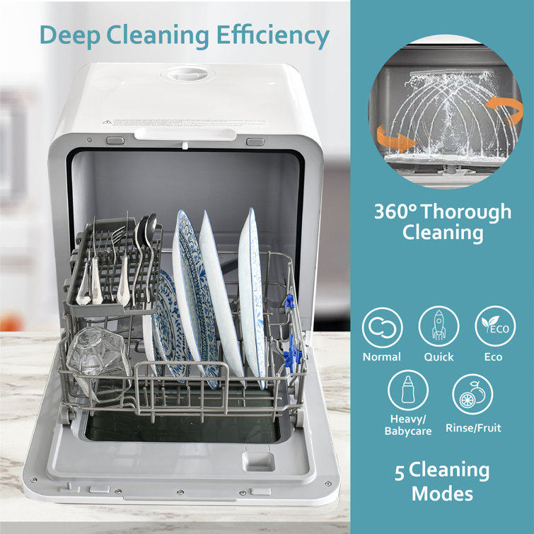 RCA White Compact Countertop Dishwasher with Built-In Water Tank