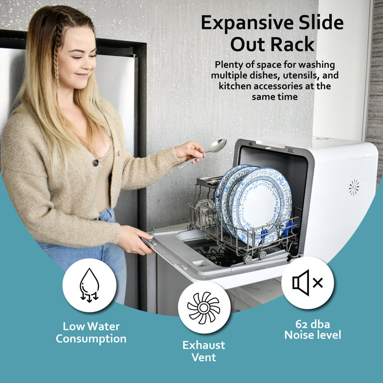 RCA White Compact Countertop Dishwasher with Built-In Water Tank