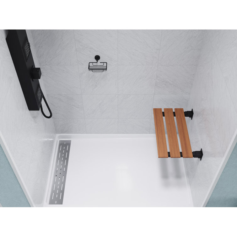 Matte Black Teak Wall Mounted Folding Shower Seat
