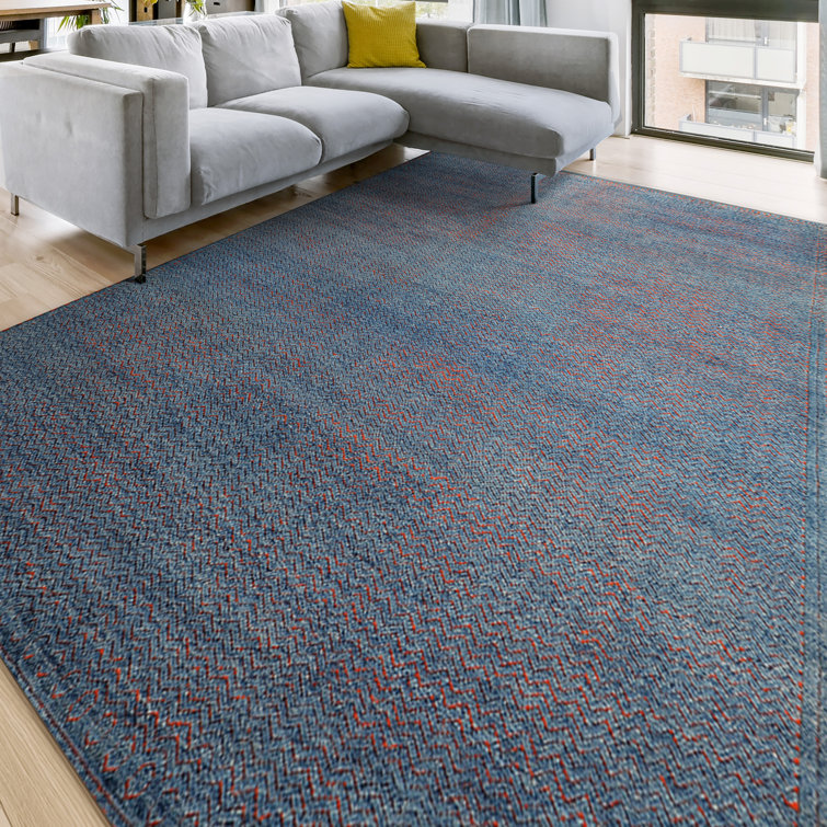 Hand-Knotted Blue Abstract Wool and Viscose Rug, 8' x 10'