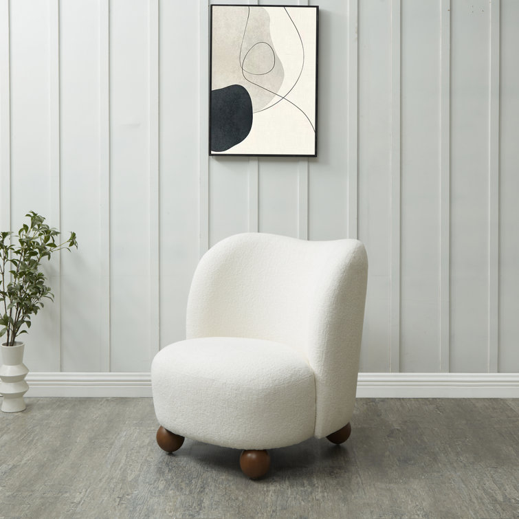 Ivory Boucle Upholstered Barrel Accent Chair with Wood Legs
