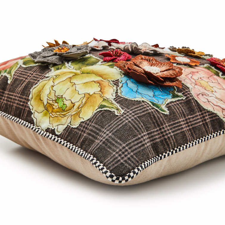 Square Embroidered Floral Kids Throw Pillow with Plaid Background