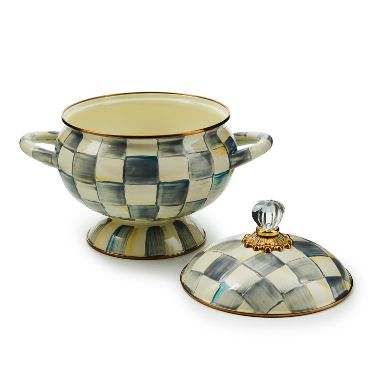 Handmade Sterling Check Steel Tureen with Glass Knob Lid