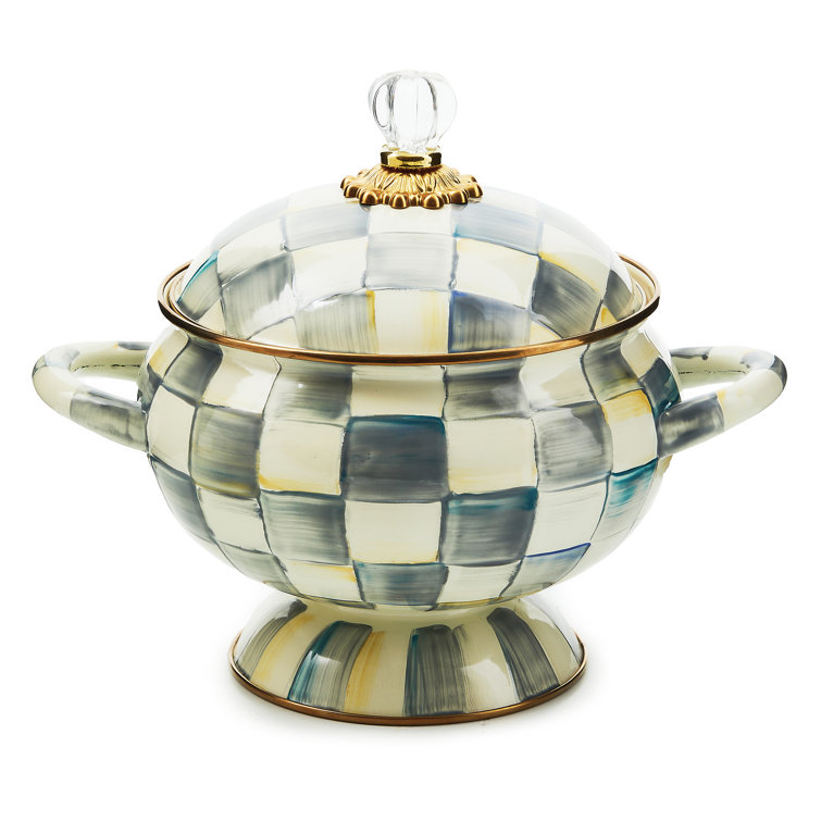 Handmade Sterling Check Steel Tureen with Glass Knob Lid