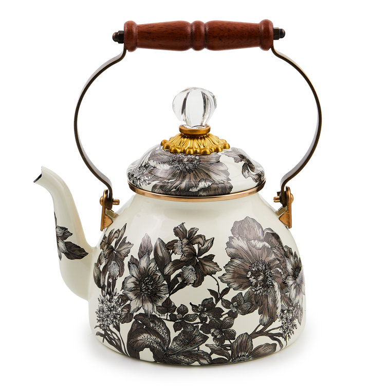 Floral Enamel 2 Quart Tea Kettle with Wood Handle