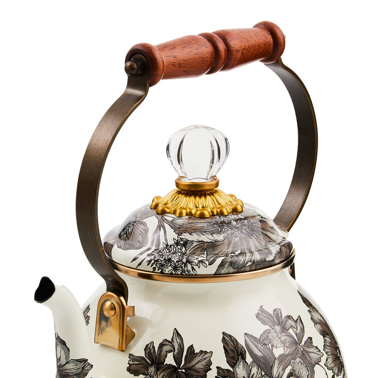 Floral Enamel 2 Quart Tea Kettle with Wood Handle