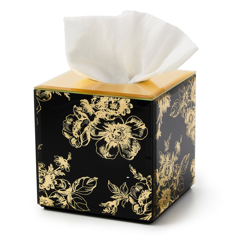 Black and Gold Floral Glass Tissue Box Cover