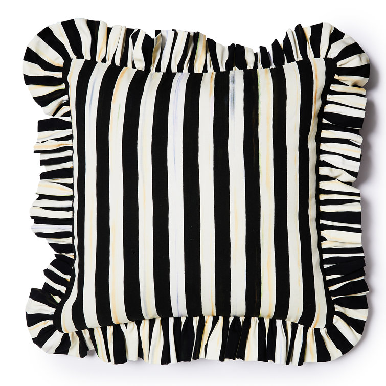 Black and White Striped Cotton Ruffle Throw Pillow