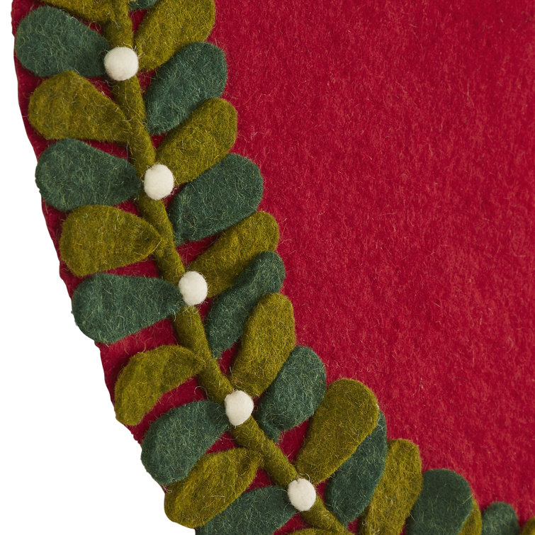 Handmade Red Felt Christmas Tree Skirt with Mistletoe Border