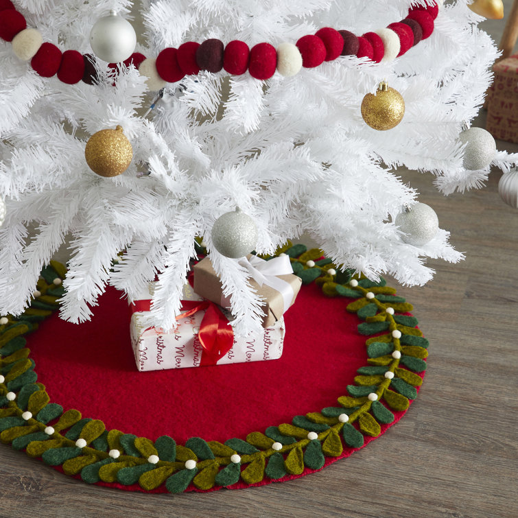Handmade Red Felt Christmas Tree Skirt with Mistletoe Border