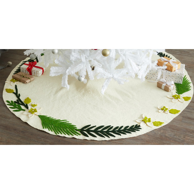 Handmade Cream Felt Christmas Tree Skirt with Greenery Border