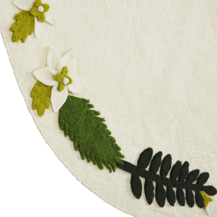 Handmade Cream Felt Christmas Tree Skirt with Greenery Border