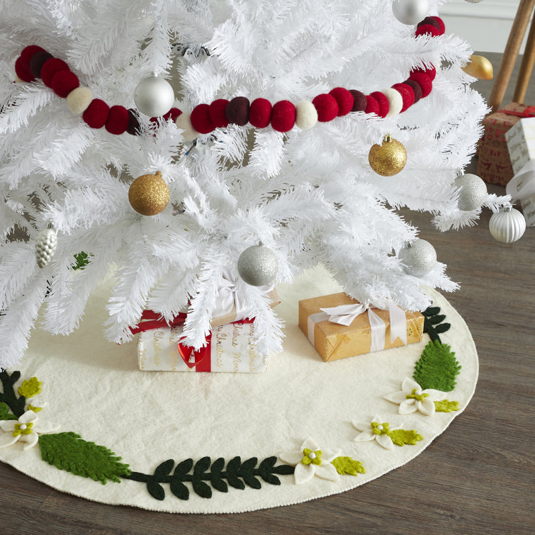 Handmade Cream Felt Christmas Tree Skirt with Greenery Border