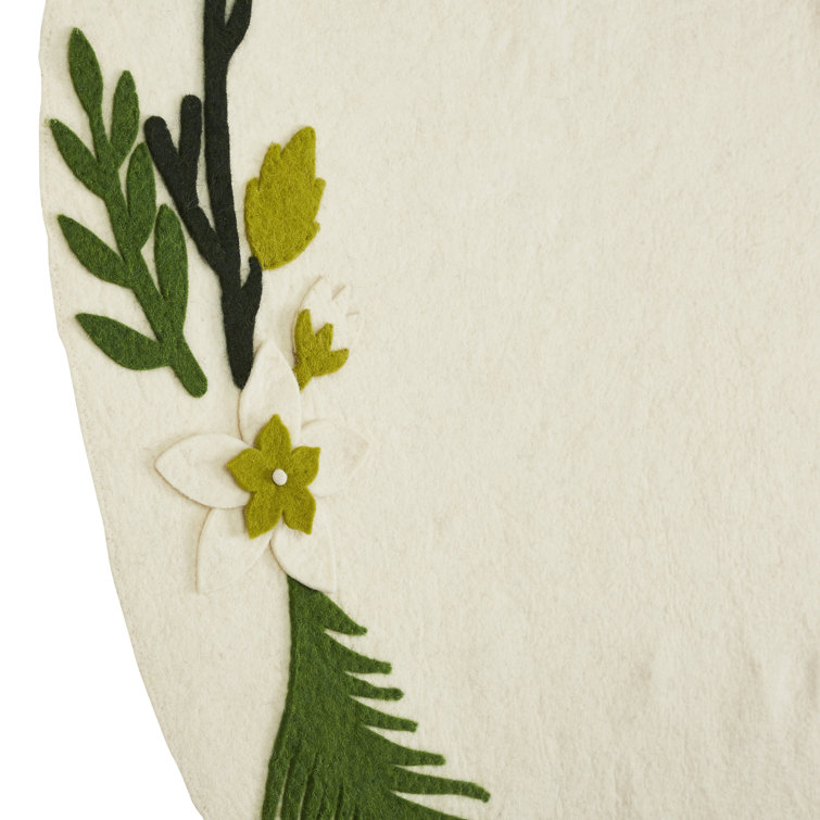Handmade Cream Felt Christmas Tree Skirt with Greenery Border