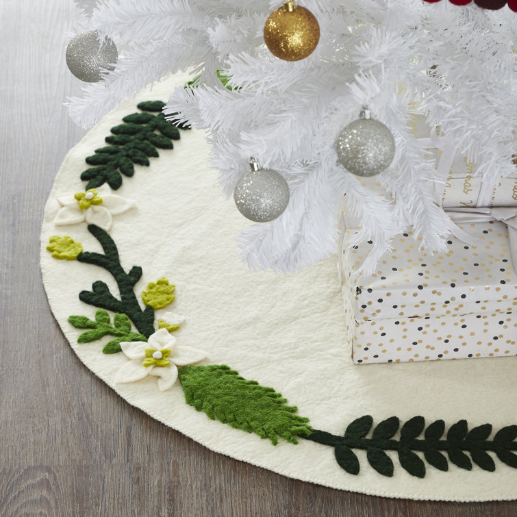Handmade Cream Felt Christmas Tree Skirt with Greenery Border