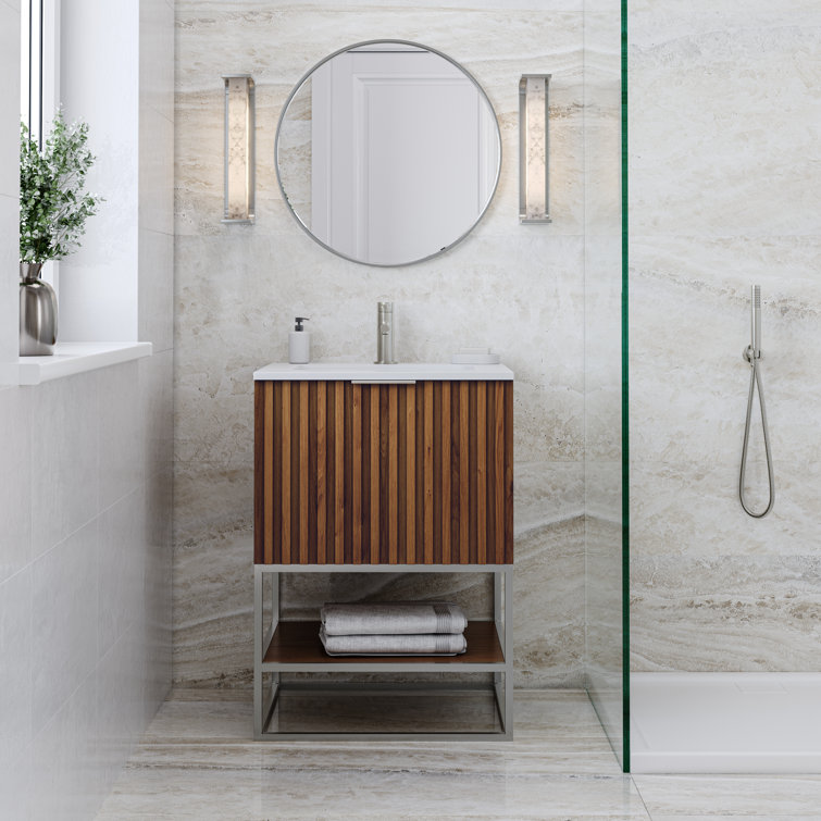 Walnut and White Quartz Single Bathroom Vanity with Brushed Nickel Hardware