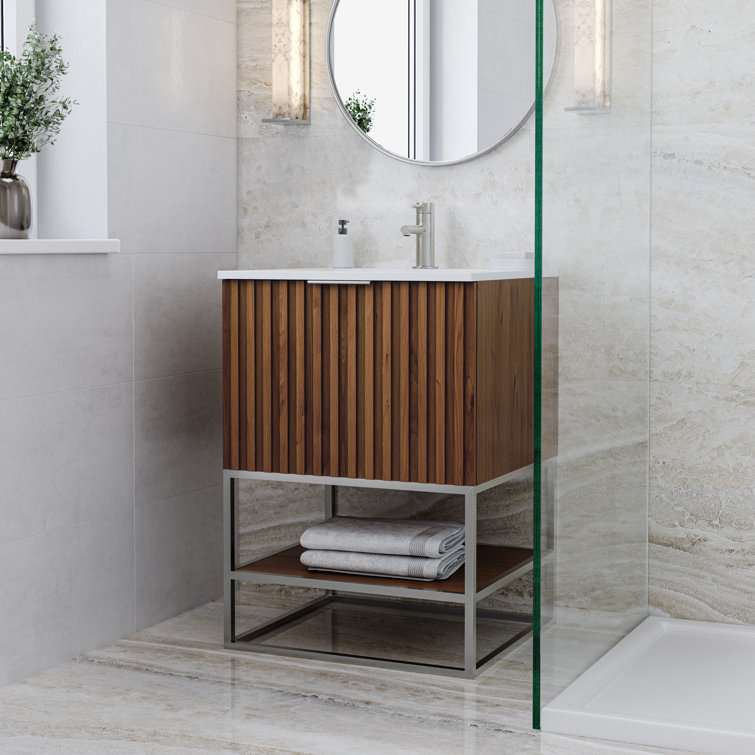 Walnut and White Quartz Single Bathroom Vanity with Brushed Nickel Hardware