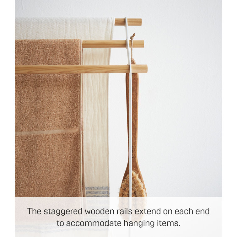 White and Natural Wood Freestanding Bath Towel Rack