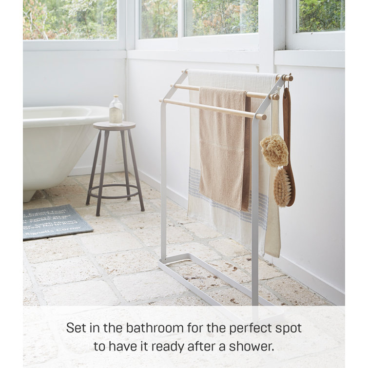 White and Natural Wood Freestanding Bath Towel Rack