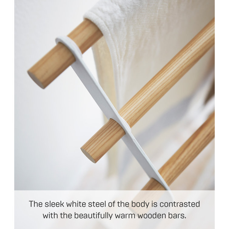 White and Natural Wood Freestanding Bath Towel Rack