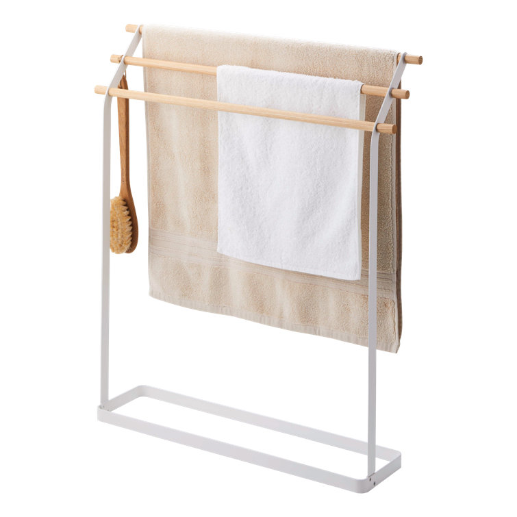 White and Natural Wood Freestanding Bath Towel Rack
