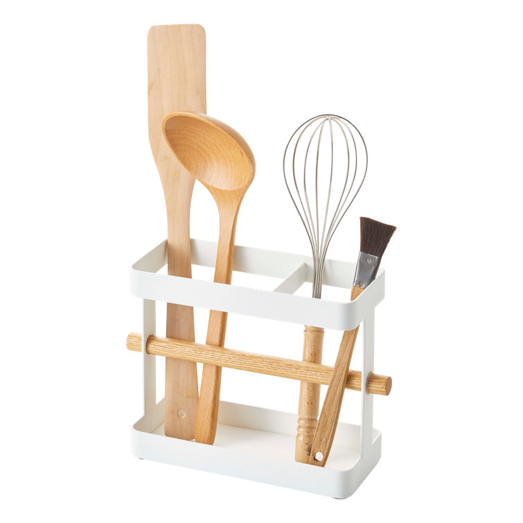 White Stainless Steel Kitchen Utensil Caddy with Wood Accents