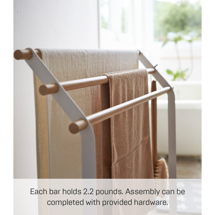 White and Natural Wood Freestanding Bath Towel Rack