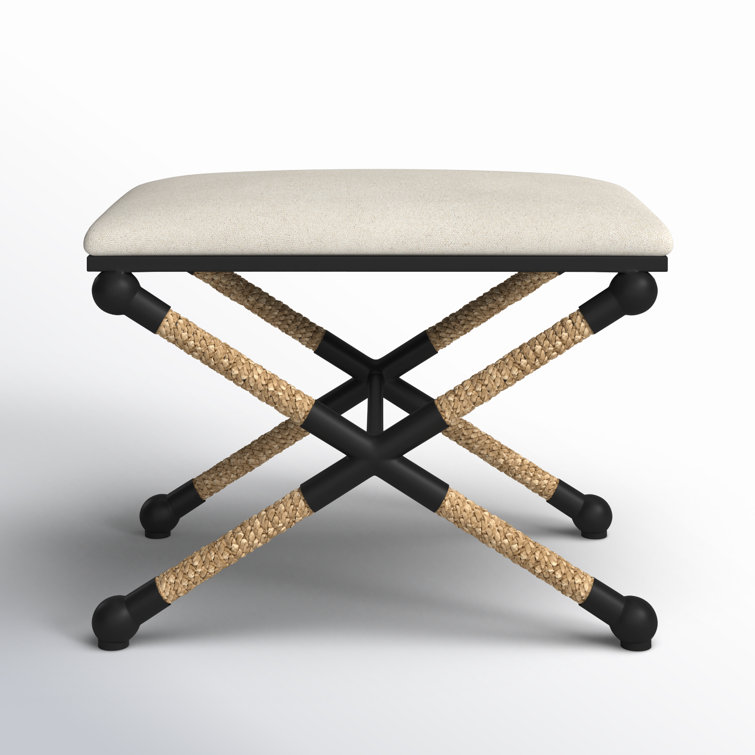 Oatmeal Cotton Upholstered Iron Frame Footstool with Braided Straw