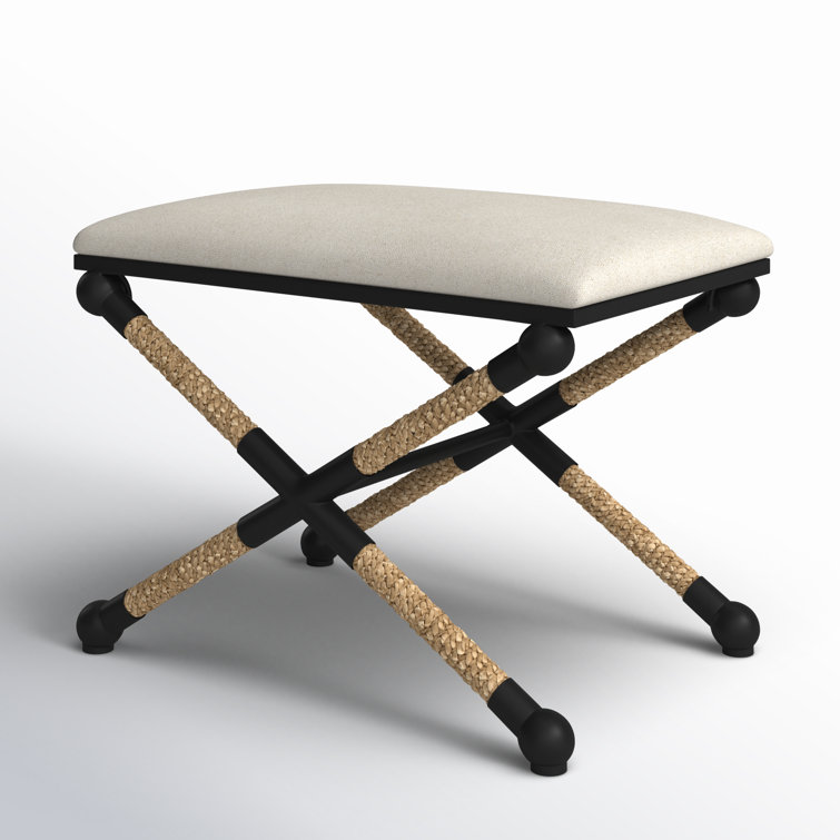 Oatmeal Cotton Upholstered Iron Frame Footstool with Braided Straw