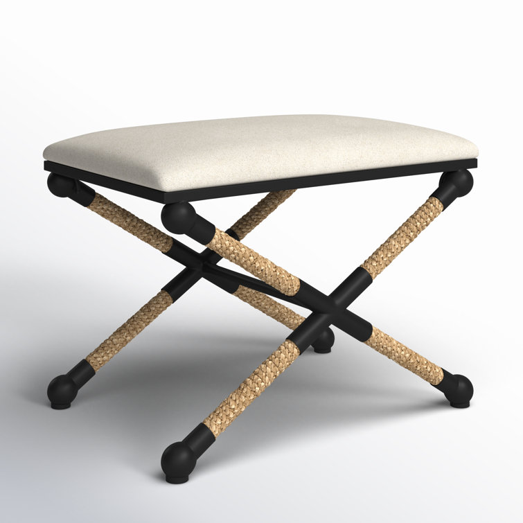Oatmeal Cotton Upholstered Iron Frame Footstool with Braided Straw