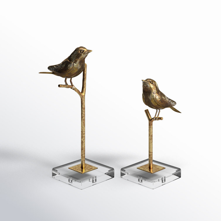 Antiqued Gold Bird Figurines on Crystal Base, Set of 2